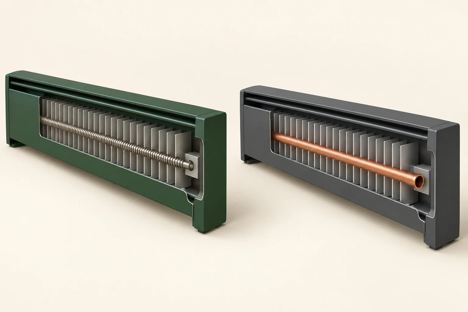 Two original conceptual heater cutaways sit separately on cream. The green example contains a coil-like slender metallic part through fins. The grey example contains a copper-coloured pipe with a visibly hollow end through fins. No complete electrical or water route is shown.