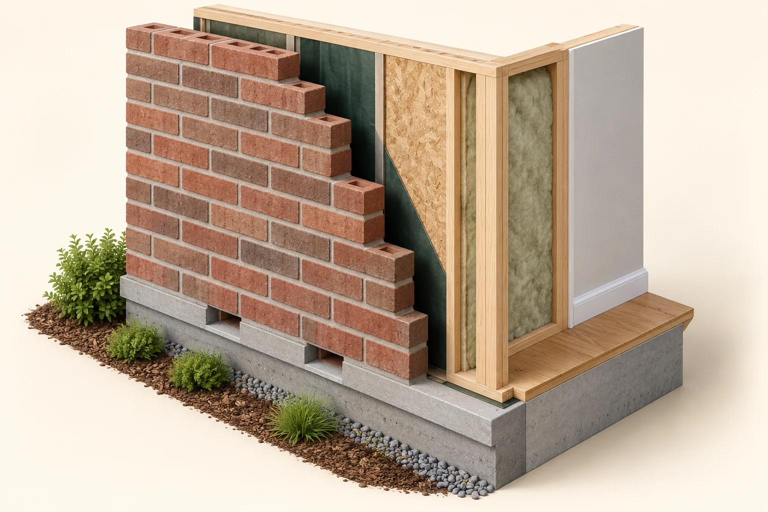 Original three-dimensional brick wall cutaway shows a red masonry face separated from a dark green back-up layer, timber framing, insulation and a pale interior finish. Simplified rectangular openings appear in the base masonry. The cutaway illustrates layers; it supplies no approved outlet, clear continuous cavity or installed construction finding.
