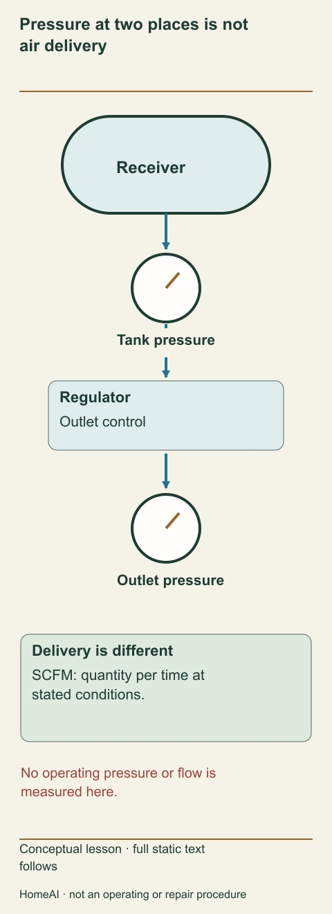 A receiver and outlet line have separate labelled tank/outlet gauges, with an independent delivery-per-time legend.