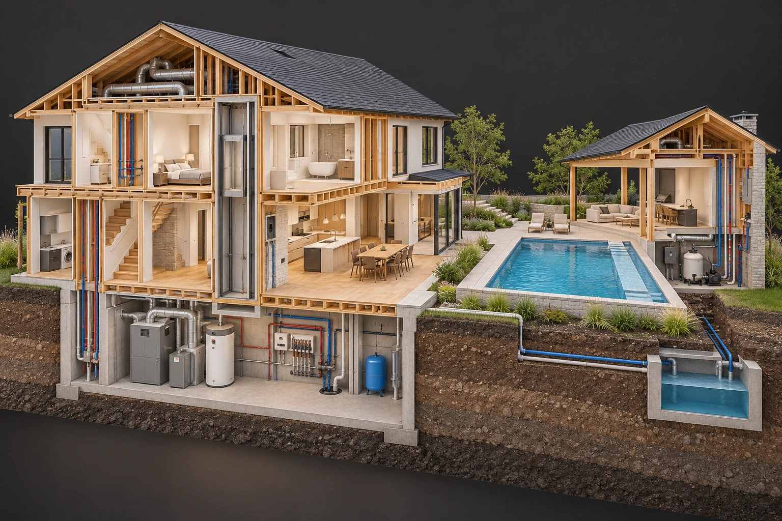 The cutaway places the main rooms, basement equipment, lift shaft, outdoor pool and a separate pavilion in one view. Naming those areas helps a buyer ask which structures and systems each engagement covers.