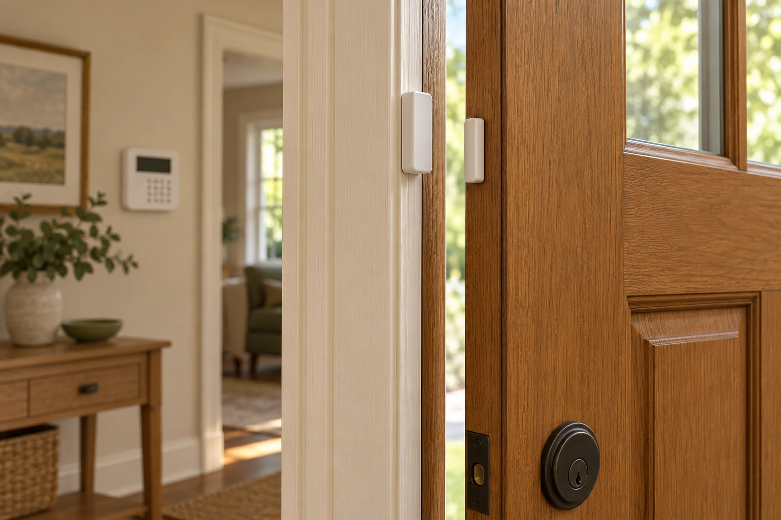Two housings connect a door movement with an event. A larger closed sensor housing is on the fixed frame and a smaller housing is on the moving door. Their changing relationship explains an opening event for the actual alarm system; the background keypad is a separate part of that system.