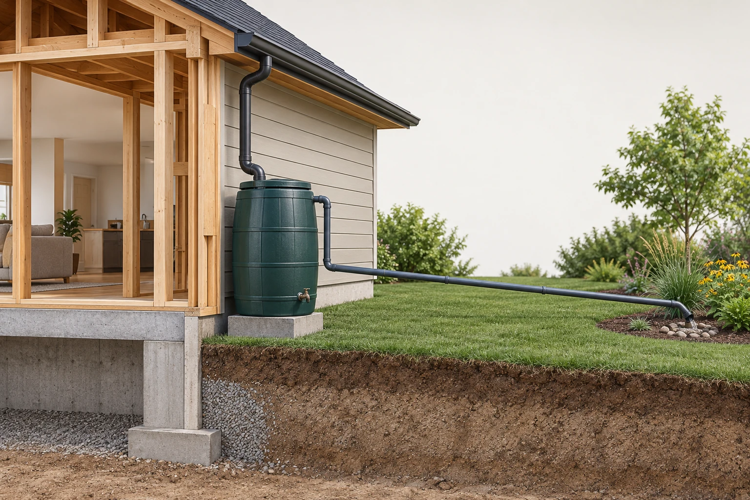 The upper overflow pipe descends outside the barrel and continues visibly toward a distant planted area. The lower tap remains separate from that full-storage route.
