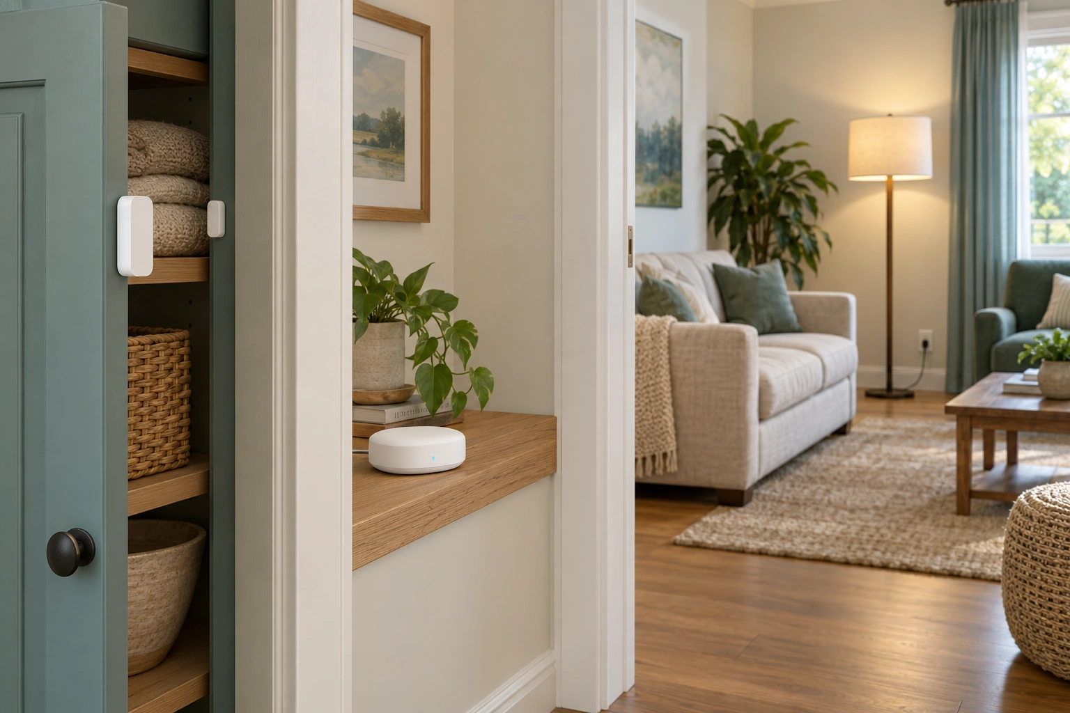 The cupboard’s contact pieces, shelf controller and ordinary lamp occupy one room context. A convenience rule can connect a local report to a requested lamp response through supported components.
