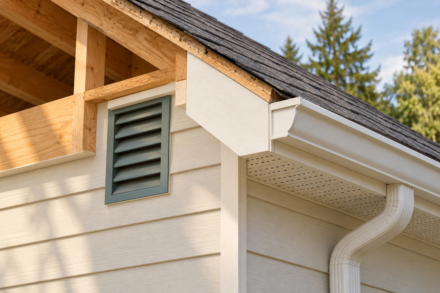 The concept shows an intact finished eave, gutter and separate wall vent beside skeletal teaching timber. The completed-looking surface illustrates repair context without claiming that exclusion, ventilation or water performance was verified.