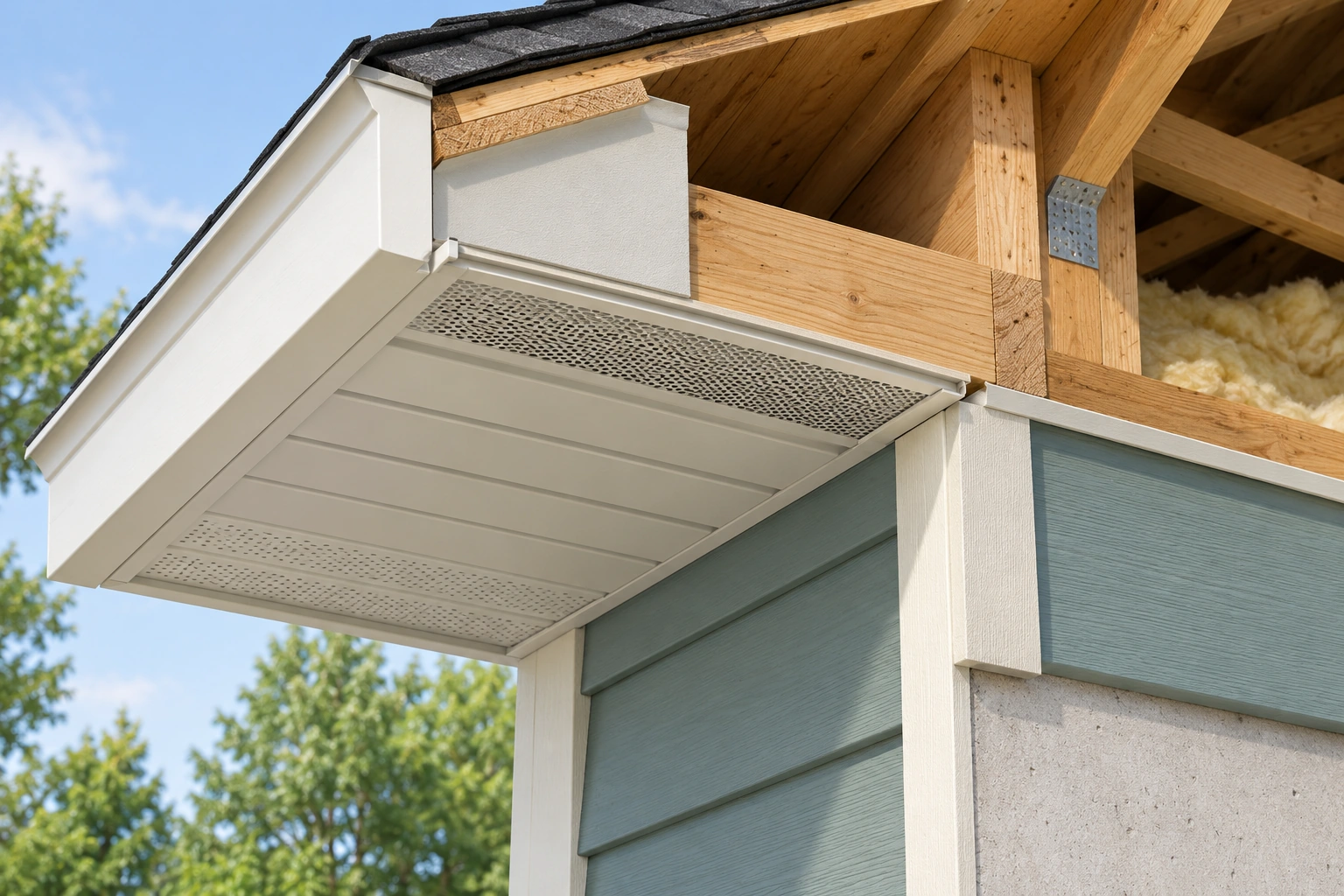 The soffit close-up shows a perforated vent area beneath intact roof-edge parts and exposed teaching-model timber. It makes the intentional opening distinct from an assumed wildlife entry point.