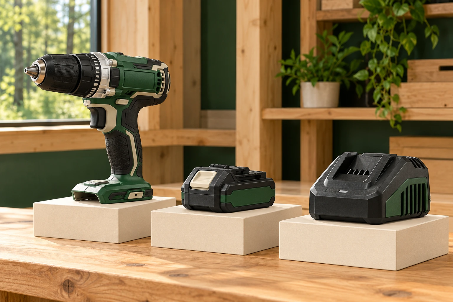 Separate intact cordless drill, enclosed removable battery pack and unplugged charger displayed on three cream blocks in a timber room.