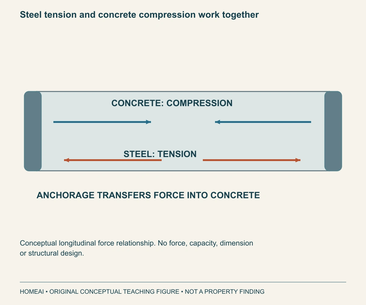Steel tension and concrete compression work together. Opposing arrow pairs distinguish tension in the steel from compression in the concrete. End blocks mark the conceptual force-transfer role of anchorage.