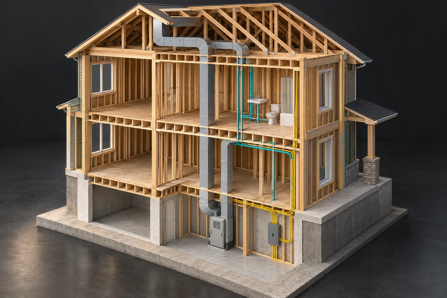 Conceptual house services exposed within timber framing, with grey ducts beside teal and yellow service routes
