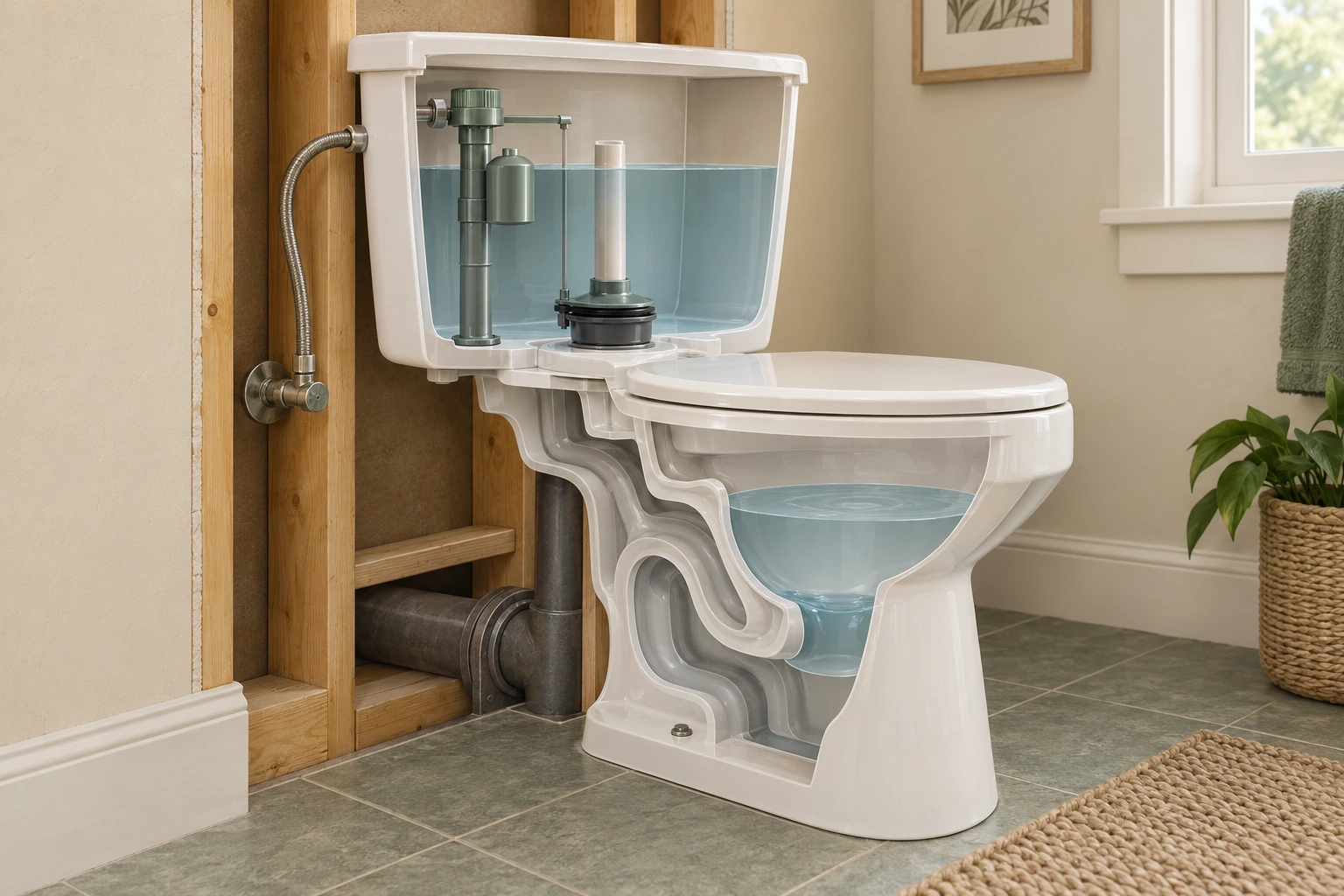 Original conceptual 3D skeleton picture of a conventional tank toilet. A transparent tank contains water, a green upright fill-valve form and a separate green closure and overflow form. The cutaway bowl holds its own water, with a waste-route segment behind it. This is selective teaching geometry, not a model-specific installation or inspected leak.